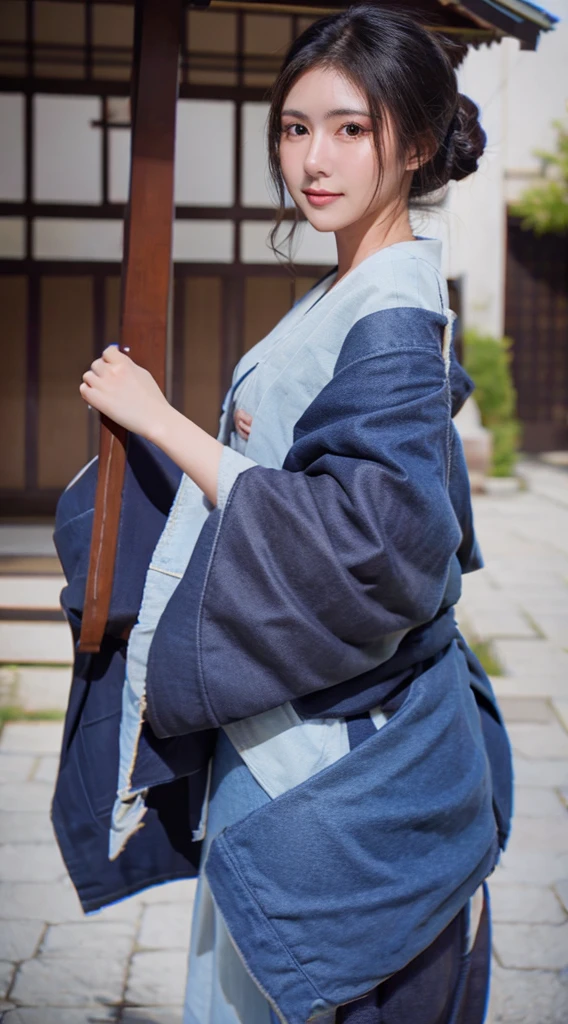 photorealistic, high resolution, 1women, mature female, solo, hips up, black hair, emma \(sekiro\), japanese clothes, kimono, single hair bun, haori, mature female
