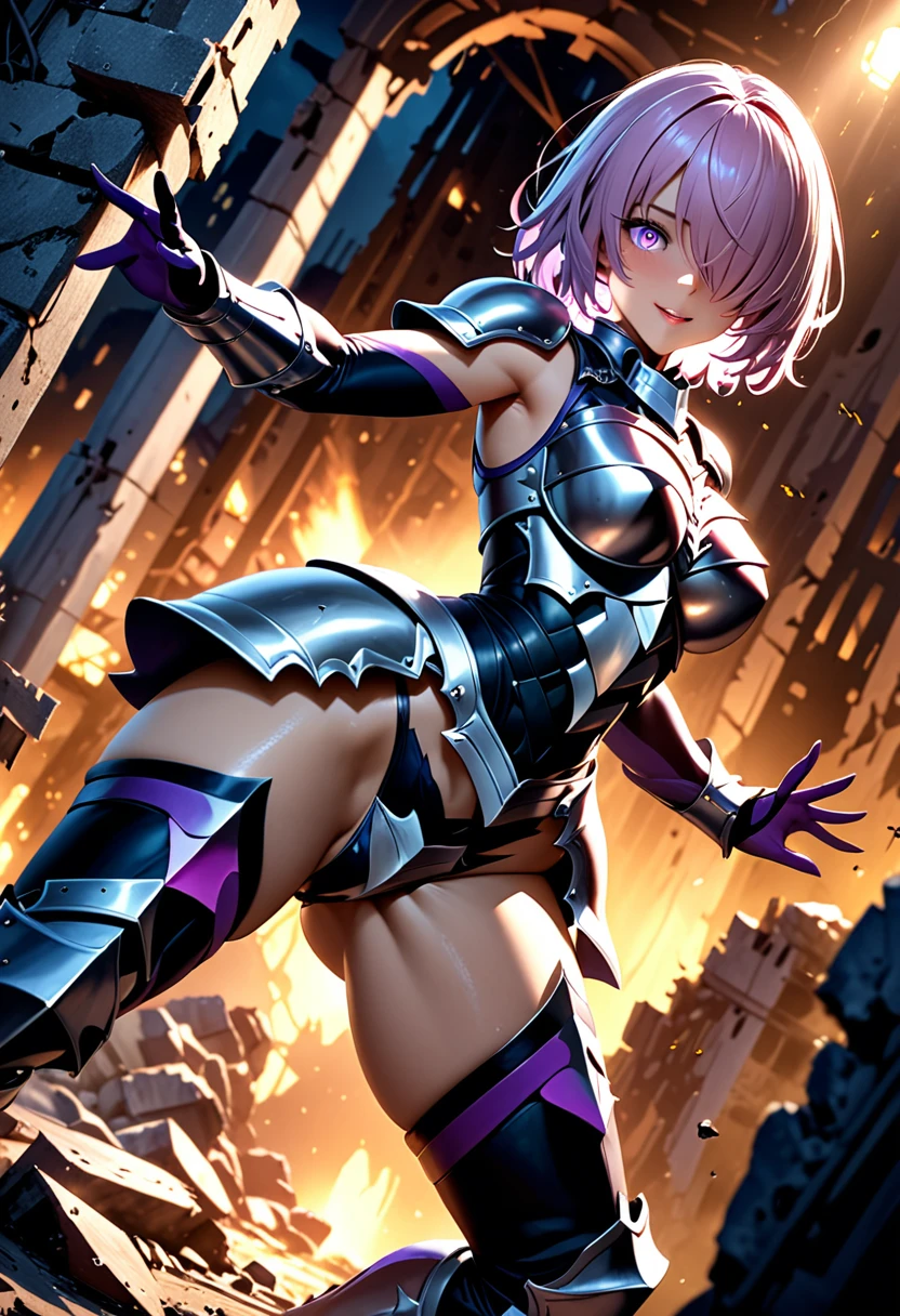 (masterpiece, top quality, best quality, beautiful and aesthetic:1.2), full body, SFW, extremely detailed, detailed face and eyes, cinematic light, depth of field, 1girl, seducing smile, solo, official, (armored knight:1.4), dark armor, mash kyrielight, light purple hair, short hair, hair over one eye, slim body, cinematic lighting, dramatic lighting, dramatic atmosphere, hyper-realistic, high resolution, stunning contrast, high quality, best quality, 8k, 4k, intricately detailed, (amazing details:1.2), highly detailed skin, powerful presence, vibrant colors, (detailed eyes:1.2), striking eyes, (detailed background), (warzone on background, night, ruins), (dynamic angle:1.2), (dynamic pose:1.2)