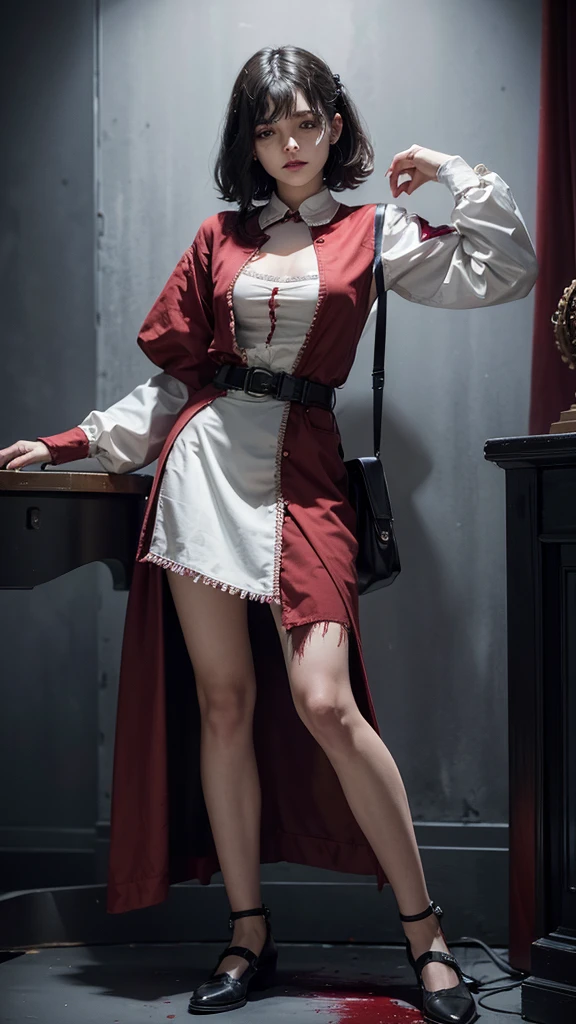((bloodstains)), ((respingos de bloodstains)), ((bloodstains nas roupas)), ((mancha de bloodstains)), hospital, (nurse uniform), (has an electric saw), (zombie's), absurderes, foto RAW, extremely delicate and beautiful, Masterpiece artwork, best qualityer, ultra-high resolution, 32k, hyper realist, ultra-detailed, Detailed Description, skin fair, 20 year, crying mole, 耳环, Colossal, short medium hair, wavyhair, evil smile, full body shot,