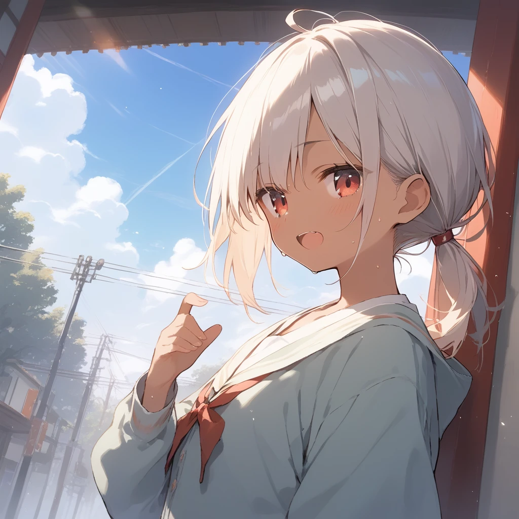 score_9, score_8_up, score_7_up, source_anime, best quality, masterpiece, official art, absurdres, highres, ultra-detailed,waifu2x,Collection: Slice of Life,break,1girl, tomboy, dark-skinned female, short hair, low ponytail, flat chest, beautiful detailed eyes, short shorts, sweat, open mouth, (yawn:0.3), sleepily, outdoors, wind, break,(clear line illustration:1.2),very high resolution, very aesthetic, super detailed skin, Best sexual lighting powered by famous artist, 8k,cute picture,beauty illustration,photoshop_(medium),,(Detailed Lighting),best anime 8k konachan wallpaper, pixiv contest winner,