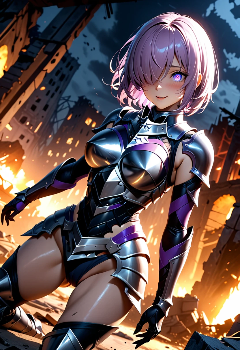 (masterpiece, top quality, best quality, beautiful and aesthetic:1.2), full body, SFW, extremely detailed, detailed face and eyes, cinematic light, depth of field, 1girl, seducing smile, solo, official, (armored knight:1.4), dark armor, mash kyrielight, light purple hair, short hair, hair over one eye, slim body, cinematic lighting, dramatic lighting, dramatic atmosphere, hyper-realistic, high resolution, stunning contrast, high quality, best quality, 8k, 4k, intricately detailed, (amazing details:1.2), highly detailed skin, powerful presence, vibrant colors, (detailed eyes:1.2), striking eyes, (detailed background), (warzone on background, night, ruins), (dynamic angle:1.2), (dynamic pose:1.2)