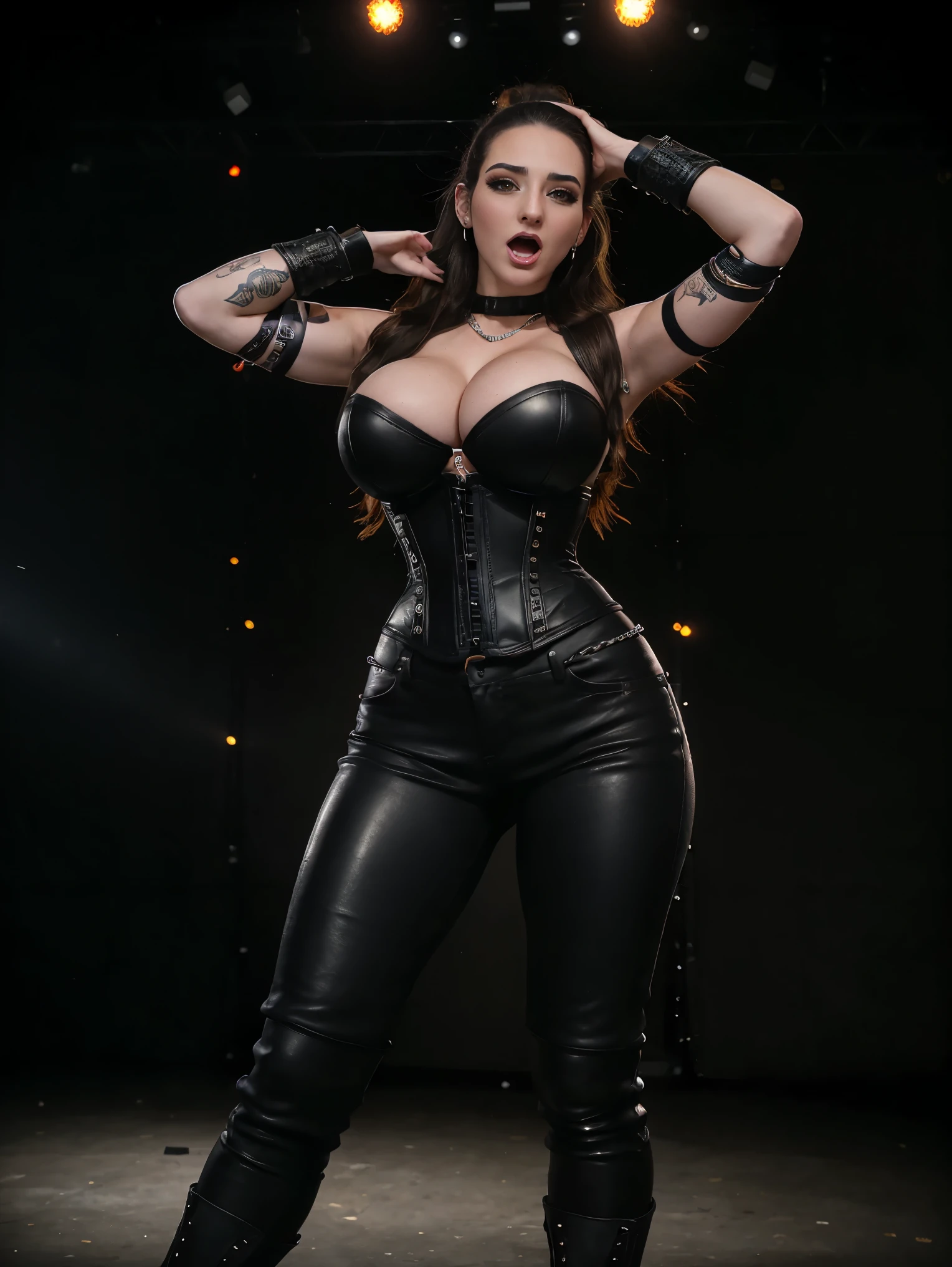 Extremely busty thin and toned brunette death metal singer, college girl, fair skin, hair pulled back, soft face, athletic, heavy makeup, piercings, black leather, studs, corset, boots, fingerless gloves, tight pants, chains. standing on a stage, pyrotechnics, holding a microphone, metal concert.  (Dynamic pose), arm raised, screaming.