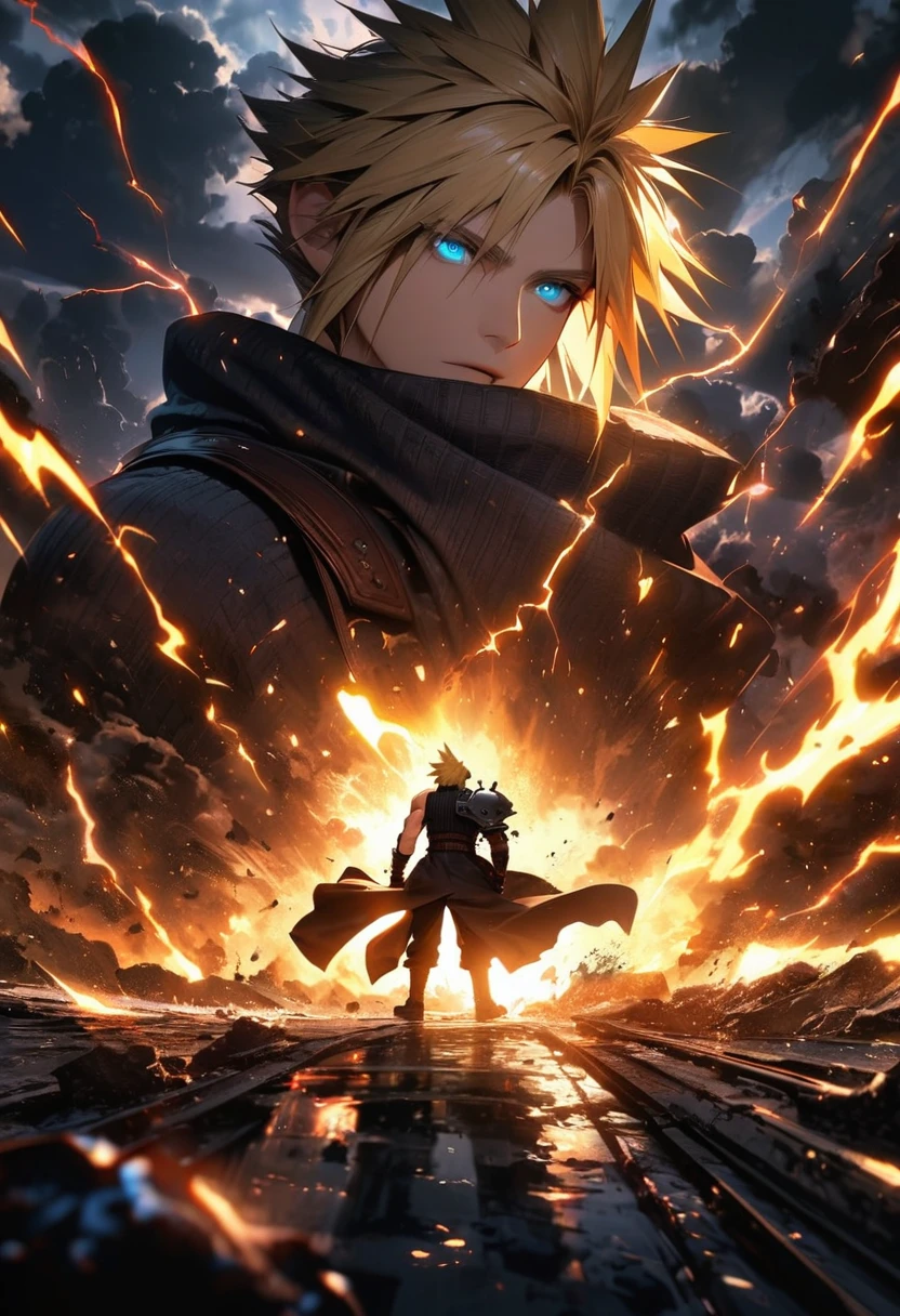 Symetrical,absurdres, highres, ultra detailed, HDR, masterpiece, extremely detailed face and eyes, Cloud Strife,final fantasy 7, yellow hair , , solo, man, handsome, ,, , Epic fight scene,black  lightning effect, glowing glitters, Epic black jacket, black flames effect, black aura effect, black splashing