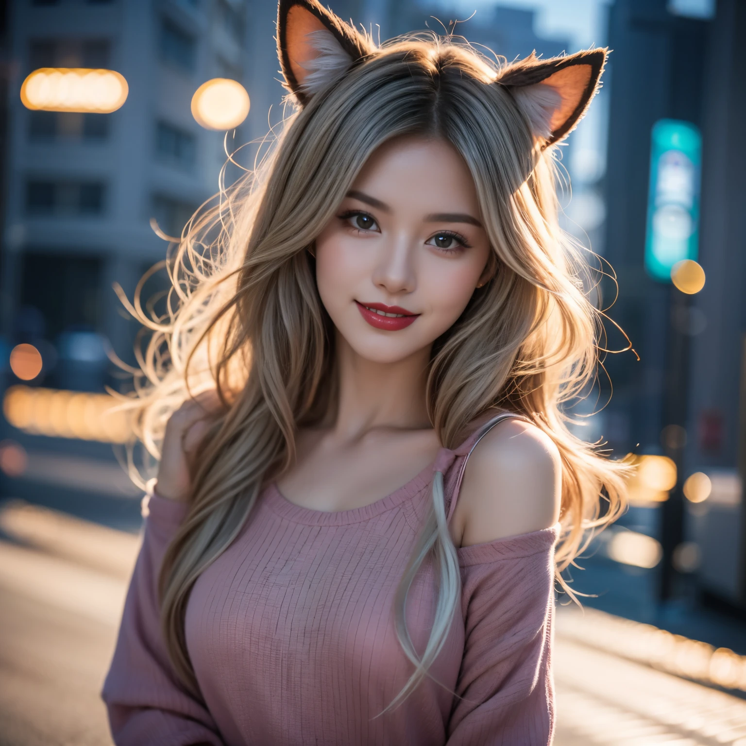 hair, hair bobbles, victory, Long eyelashes, Solid round eye, Fake animal ears, 淡淡的Smile, ears red, direction, Surrealism, shadow, Relief, Stereogram, Standing picture, Throw, Atmospheric perspective, 8K, Super Detail, precise, best quality，xx remix girl,1 girl, Fisheye, Selfie, wind, Messy hair, Sunset, city View, (Aesthetics and atmosphere:1.2), White hair,Smile,Movie Girl
