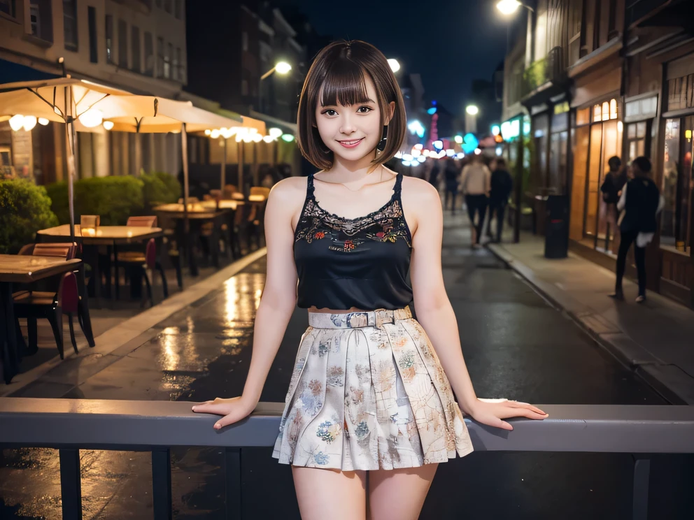 (8K, RAW Photos:1.2), Detailed face and eyes,最high quality, Ultra-high resolution, Very detailed ,Intricate details ,Tabletop ,pretty girl ,Round eyes、 Soft cinematic light, Hyper Detail,Sharp focus, high quality, Brown Hair,((Bobcut))、(Straight bangs)、City of night、Night view、 ((Tank top))、(Pleated skirt)、”dwarf”、(Full Body Shot)、Waist、(I can see your thighs)、Cowboy Shot、 smile、Floral clothes、Silk clothing、Silk luster、