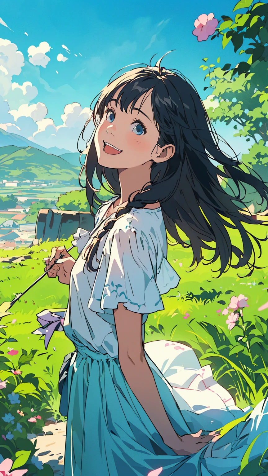 Reasonable design, Clear lines, High Sharpness, (Highest quality,8K,Perfect sharpness,Ultra fine,High resolution,masterpiece:1.2), Perfect Anatomy:1.5, Official Art, Illustrations that tell a story, (Whitish background:0. 9)、Body Positivity、多Mr.な身体表現、(Random and energetic poses)、Perfect beauty、Perfect beautiful face、Strong winds、A rich expression、Dynamic composition、smile、Golden ratio composition、colorful、((Mr.々Different angles and perspectives))、Anime Art、(Mini dress)、(Overcoming stereotypes)、 Glowing Skin、(Natural beauty)、smile、Bangs、(Soft and flowing hair)、(countryside)、(Nostalgic atmosphere)、Put up to your feet、(Playful and carefree)、(多Mr.な民族のキャラクター)、(innocent attitude)、(Sunny atmosphere)、(The skirt flutters wildly in the wind)、(Bright colors)、Beautiful Eyes、(Embarrassing)、Braided Hair、Summer Scene、Smiling among flowers、Side angle、