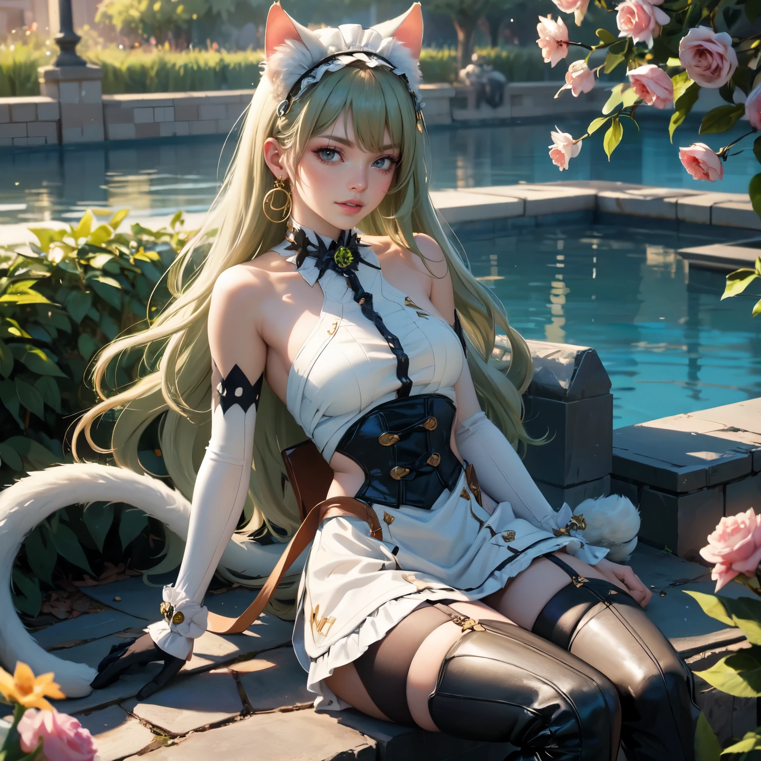 1girl, white maid dress, jewelry, green hair, flowing hair, long hair, white roses, firefly, oriental architecture, maid dress with a short skirt and layers, white laces, white boots, white dress with transparency, gold details on her clothes, cat ears, animal ears, lake, seat ont he water, a garden with lake scenery, white roses, flowers, more details, perfectly body, perfectly hands, two hands, two legs, two arms, five fingers, glowing hair, best quality, cat ears, animal ears, tail ornament, tail bow, white gloves, two cat tail, white gloves, alone, maid headdress, choker, detached sleeves, maid dress, maid white dress, strapless, masterpeice, best quality, detailed face, night, mobius (honkai impact), honkai (series), honkai impact 3rd, asymmetrical gloves, bangs, white short skirt , white gloves, white boots, earrings, elbow gloves, fishnet thighhighs, fishmasterpeice, solo, best quality, detailed face, gloves, green eyes, green hair, hair between eyes, jewelry, long hair, looking at viewer, single earring, sky, sleeveless, solo, thigh boots, thighhighs, tongue, tongue out, uneven gloves, sitting, cat ears, animal ears, cat tail, holding a ice cream