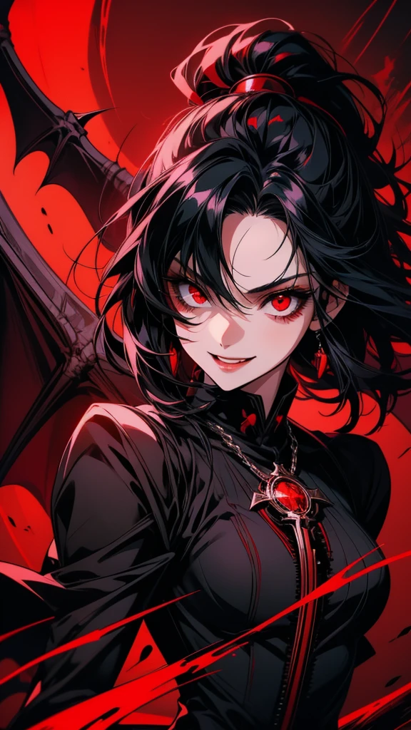 anime girl With red eyes and black hair with a black dress, Devil Anime Girl, With eyes that glow red, everyone, Red eyes glow, With red eyes, Beautiful and detailed anime art, Wicked smile and glowing eyes, Detailed digital anime art, Detailed Key Anime Art, Vampire Girl, Gap Moe Yandere Grimdark, Anime Monster Girl