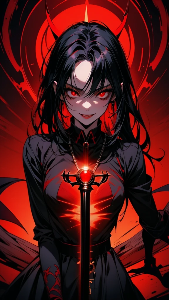 anime girl With red eyes and black hair with a black dress, Devil Anime Girl, With eyes that glow red, everyone, Red eyes glow, With red eyes, Beautiful and detailed anime art, Wicked smile and glowing eyes, Detailed digital anime art, Detailed Key Anime Art, Vampire Girl, Gap Moe Yandere Grimdark, Anime Monster Girl
