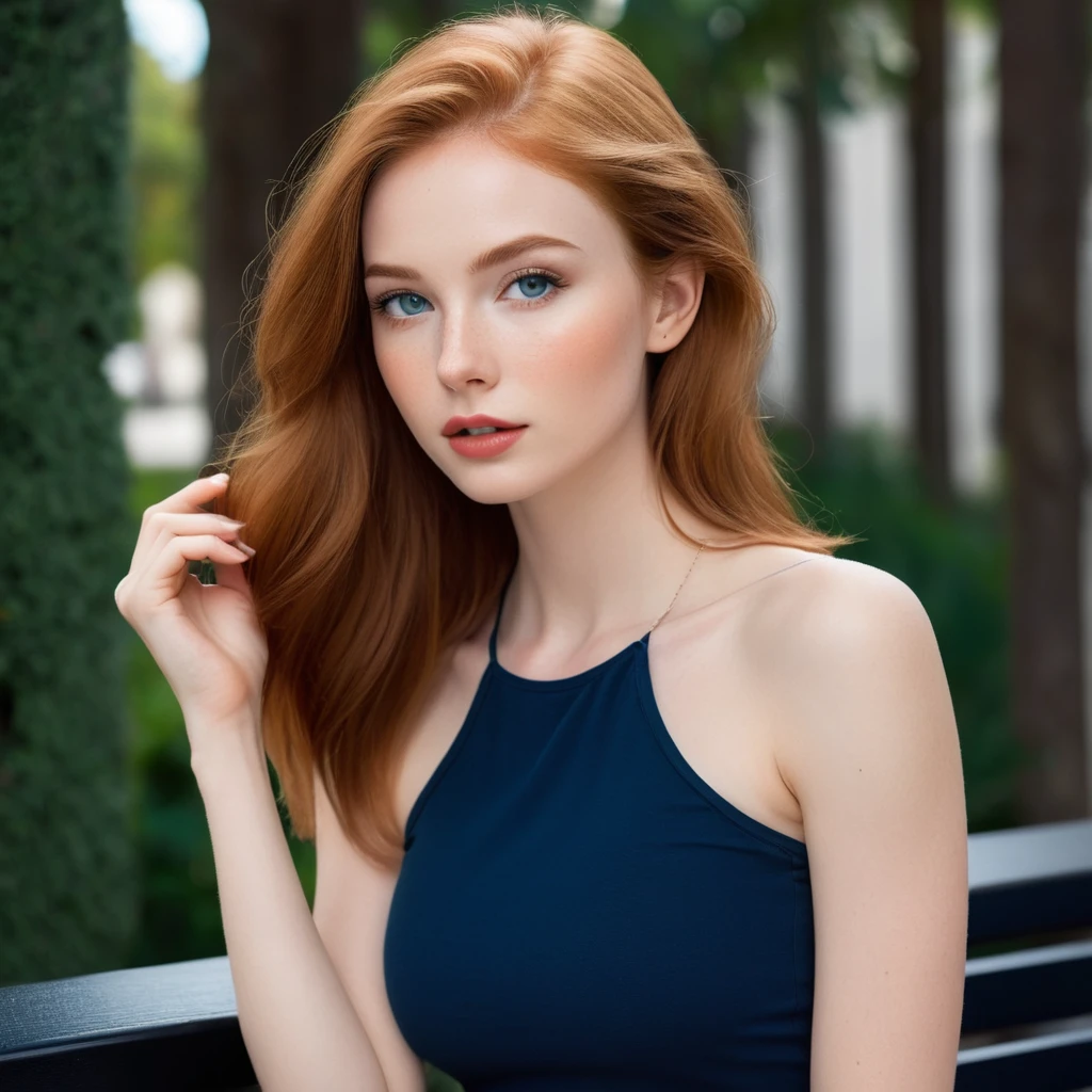 Stacey, A tall, young woman, 22 years old, with long shoulders, athletic, lanky female, a strong build and long, freckles, strawberry blonde hair, freckles. Her skin is pale, toned arms, and a muscular midsection. long legs, She has small breasts, well defined chest, and soft thighs, giving her a delicate and graceful appearance. Her overall look is average in terms of attractiveness, with features that blend in rather than stand out, sitting on a park bench, asymmetrical, bodycon,skirt, Tank top , minimalist art, abstract, bold colors, 1girl, beautiful detailed eyes, beautiful detailed lips, extremely detailed face, long eyelashes, portrait, digital painting, oil painting, acrylic, vibrant colors, vivid colors, high contrast, dramatic lighting, cinematic lighting, dramatic shadows, minimalist background, geometric shapes, clean composition, surreal, dreamlike, impressionistic, hyperrealistic, photorealistic, 8k, highres, best quality, masterpiece, symmetrical