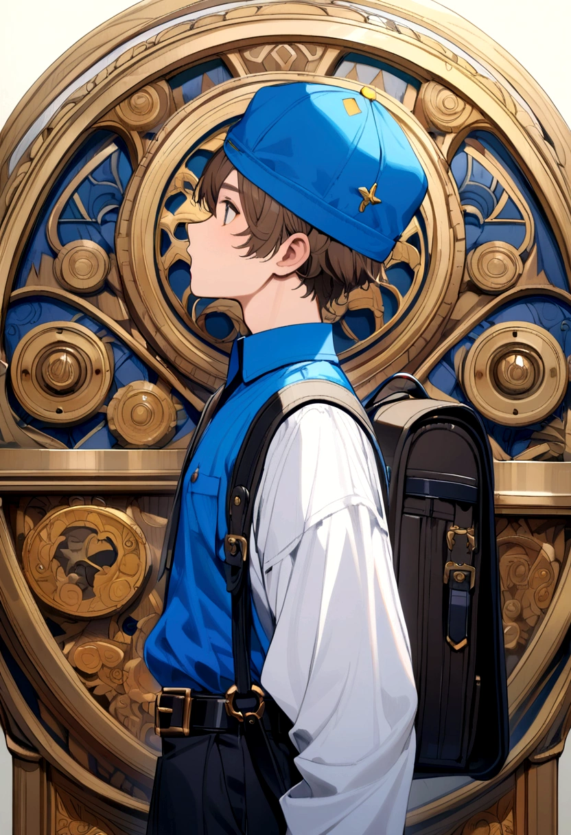 Brown haired boy, blue polo shirt, white sleeves, blue and yellow cap. black backpack, black belt.