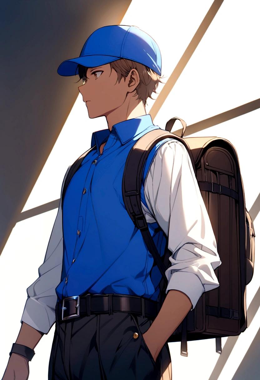 Brown haired boy, blue polo shirt, white sleeves, blue and yellow cap. black backpack, black belt.