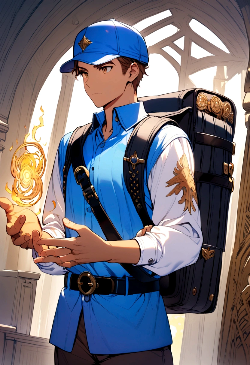 Brown haired boy, blue polo shirt, white sleeves, blue and yellow cap. black backpack, black belt.