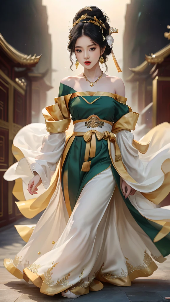 Girl in traditional Chinese clothing, Hanfu, Guzhen Hanfu women, green Hanfu,(long straight black hair:1.5), black eyes, black bun hairstyle, hair accessories ,white diamond earrings, Bangle Diameter, Dia Necklace, Clear eyes, Facing forward,put on makeup, Long eyelashes ,(Jade green long shoulder coat:1.5), (Very long skirt, white:1.5), ((Whole body)), ((from below)), Clear face, , (Very beautiful face, Beautiful mouth, beautiful eyes), detailed face, ((Ultra-fine skin)), In the dark, deep shadows, an ancient Chinese girl (Very slim figure 1.3) ,Plump breasts, elegant posture ,(palace in the sky:1.5), open mouth