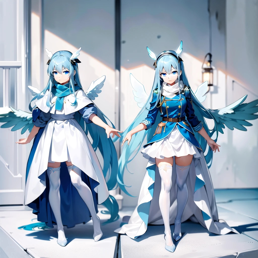 masterpiece, highest quality, highest resolution, clear_image, detailed details, light blue hair, long hair, one girl, light blue eyes, white stockings, military clothing, light blue scarf, light blue wings (2 wings), cute, full body, no water marks