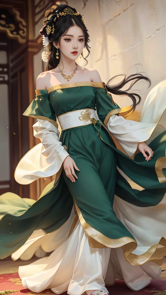 Girl in traditional Chinese clothing, Hanfu, Guzhen Hanfu women, green Hanfu,(long straight black hair:1.5), black eyes, black bun hairstyle, hair accessories ,white diamond earrings, Bangle Diameter, Dia Necklace, Clear eyes, Facing forward,put on makeup, Long eyelashes ,(Jade green long shoulder coat:1.5), (Very long skirt, white:1.5), ((Whole body)), ((from below)), Clear face, , (Very beautiful face, Beautiful mouth, beautiful eyes), detailed face, ((Ultra-fine skin)), In the dark, deep shadows, an ancient Chinese girl (Very slim figure 1.3) ,Plump breasts, elegant posture ,(palace in the sky:1.5), open mouth