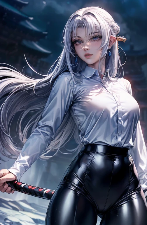 ((monsters looming:1.7、Woman fighting giant spiders))、((perfect anatomy,realist:1.3,raw photography:1.3,Masterpiece、of the highest quality、Ultra - high resolution、high resolution、Very detailed CG、8k)),cowboy shot,1 female,Alone,18 years、High school girl swordsman、18 yearsの美少女,Japanese,(((Beautiful face and detailed eyes:1.3,big and beautiful eyes:1.5,grey eyes,shy))),black fur, wide,(center parted hair,forehead),(big breasts, Skinny body,small head:1.3,Skinny),((Oily skin)),(glowing skin,shiny skin),(shiny black leggings、(white long sleeve collared shirt:1.4)、dynamic pose,Cut giant spiders with a sword、Japanese sword fighting、Accurately depicted Japanese sword、library、At night、Moonlight、. view from behind