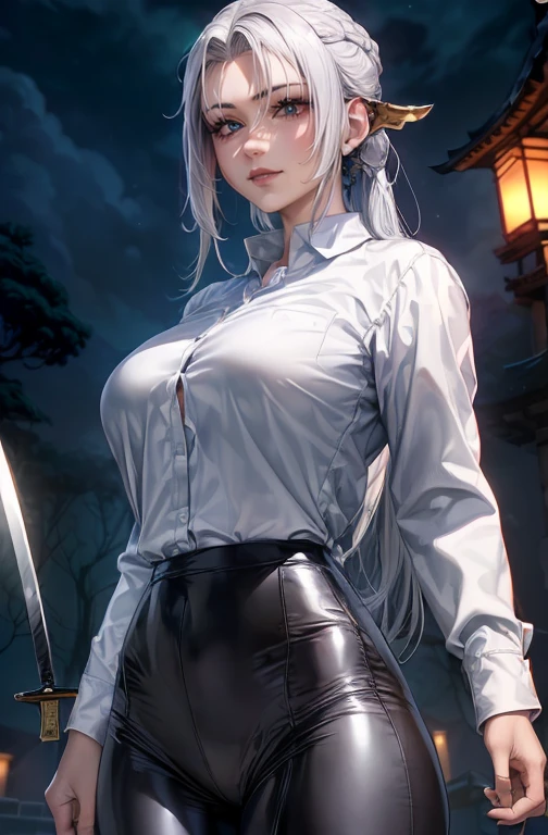 ((monsters looming:1.7、Woman fighting giant spiders))、((perfect anatomy,realist:1.3,raw photography:1.3,Masterpiece、of the highest quality、Ultra - high resolution、high resolution、Very detailed CG、8k)),cowboy shot,1 female,Alone,18 years、High school girl swordsman、18 yearsの美少女,Japanese,(((Beautiful face and detailed eyes:1.3,big and beautiful eyes:1.5,grey eyes,shy))),black fur, wide,(center parted hair,forehead),(big breasts, Skinny body,small head:1.3,Skinny),((Oily skin)),(glowing skin,shiny skin),(shiny black leggings、(white long sleeve collared shirt:1.4)、dynamic pose,Cut giant spiders with a sword、Japanese sword fighting、Accurately depicted Japanese sword、library、At night、Moonlight、. view from behind