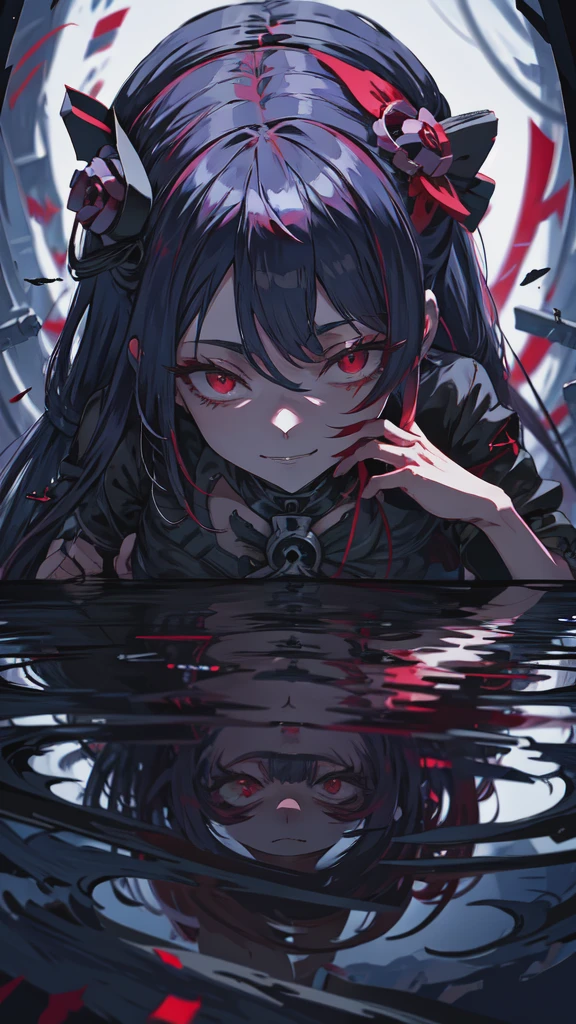 Red-eyed anime girl holding a knife in her hand, gapmoe Yandere grimdark, gapmoe Yandere, Shalltear Bloodfallen, Yandere, Yandere intricate, portrait gapmoe Yandere grimdark, Anxious smile, [[[[smile wickedly]]]], Laughing lasciviously, Slasher Smile
