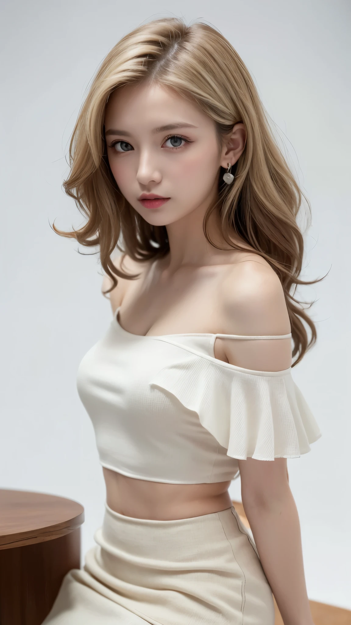 (((forehead、White Blonde Hair、Northern Europe、White people、beautiful girl、Blonde、White background、Tank top、Off-the-shoulder blouse、mini skirt、long hair、Perm)))、table top, highest quality, figure, super detailed, finely, High resolution, 8k wallpaper, Perfect dynamic composition, detailed and beautiful eyes, Deco out,bionde, medium hair, super big breasts, Natural color lip,white background, random cute poses,frill dress