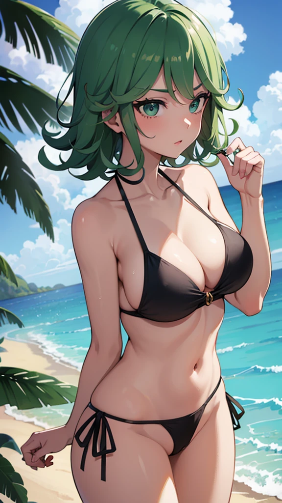 a closeup of a woman in a bikini on the beach, Tatsumaki de one punch man, bikini verde, Tatsumaki, seductive anime girl, krenz cushart y artgerm, green Swimsuit, Extremely detailed artistic germ, Swimsuit, I will also make fanart., Artgerm Style, artgerm lau, oppai, as a germ of art, big , bigger