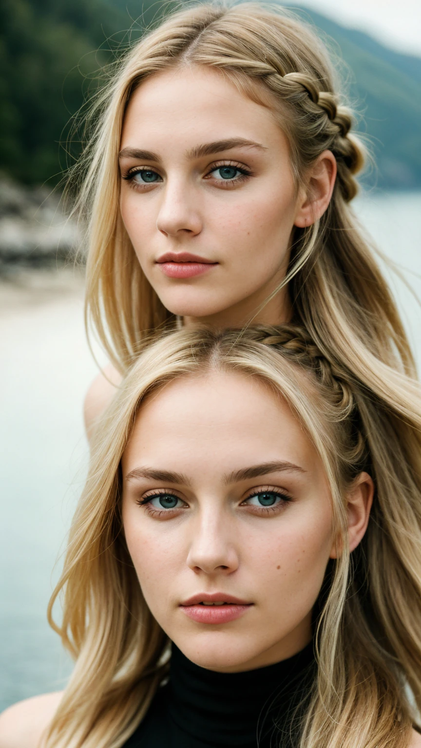 Photograph of a woman, (ambivalent facial expression), face looking at camera, full face, portrait, faces are visible more, and the eyes look straight, textured leather, goosebumps, ash blonde mermaid with braid, Perfect eyes, (ektachrome), Velvia 100 color, shot with Leica T, hips, sharp focus on the subject, shot by Peter Lindbergh, realistic look