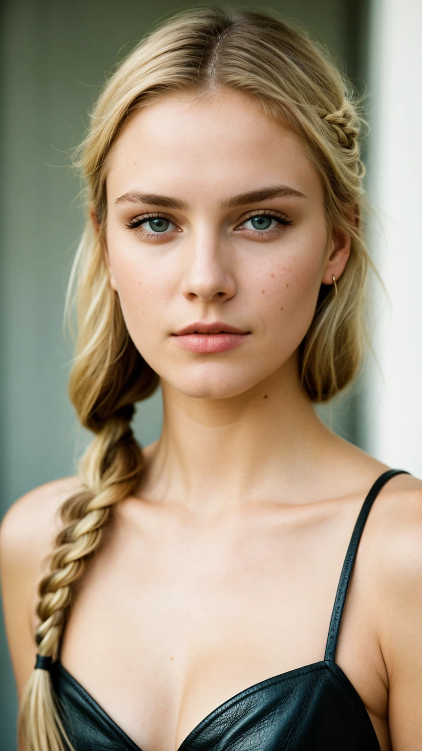Photograph of a woman, (ambivalent facial expression), face looking at camera, full face, portrait, faces are visible more, and the eyes look straight, textured leather, goosebumps, ash blonde mermaid with braid, Perfect eyes, (ektachrome), Velvia 100 color, shot with Leica T, hips, sharp focus on the subject, shot by Peter Lindbergh, realistic look