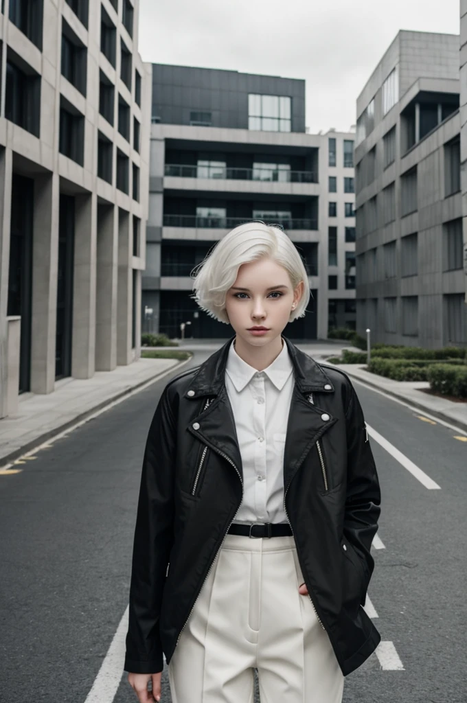 Cover of a girl with short white hair, pale skin color, knee length black jacket, black pants, that has a background of some buildings behind it