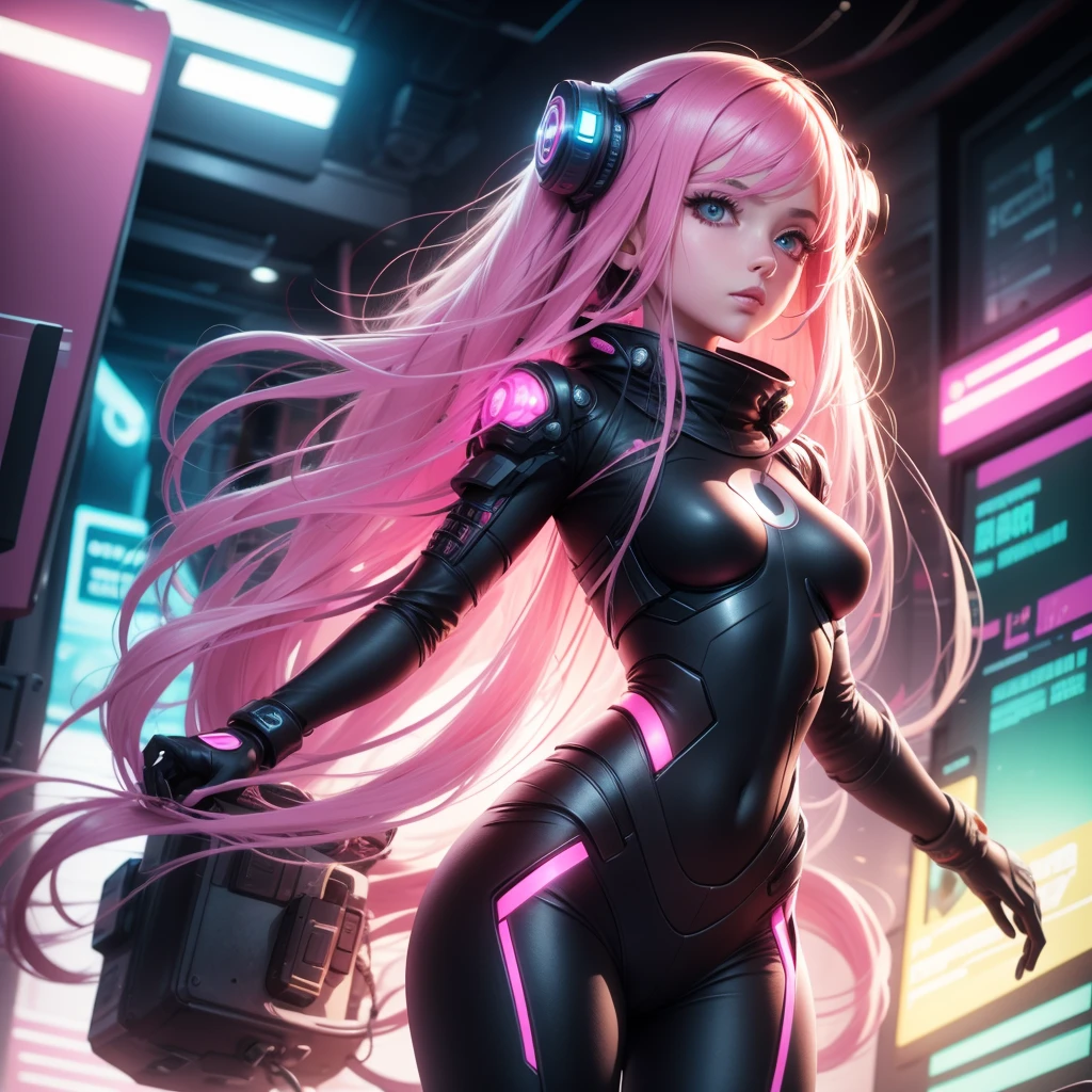 Lonely Android Girl with long pink hair looks to the side, she is in a pink suit with small yellow elements, woman half cyborg modification Beautiful sexy with bright yellow eyes stands in full height with a half turn sideways Anime Style black background Cyberpunk style, Robot Girl, black background image of night black city and pink neon lights