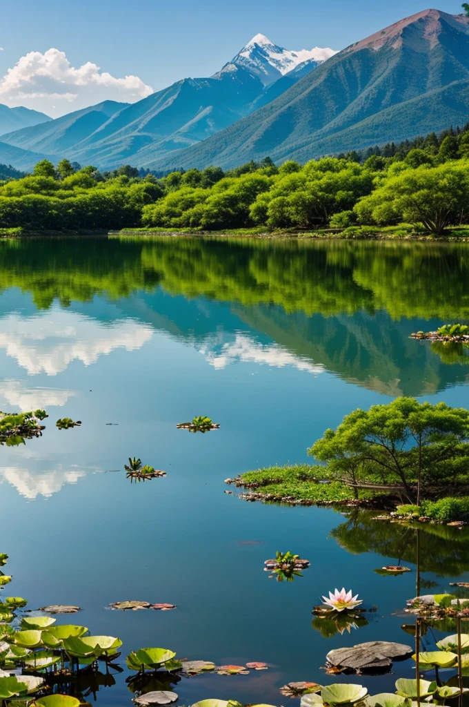 An image with a serene lake with fish and a rock full of lotus flowers