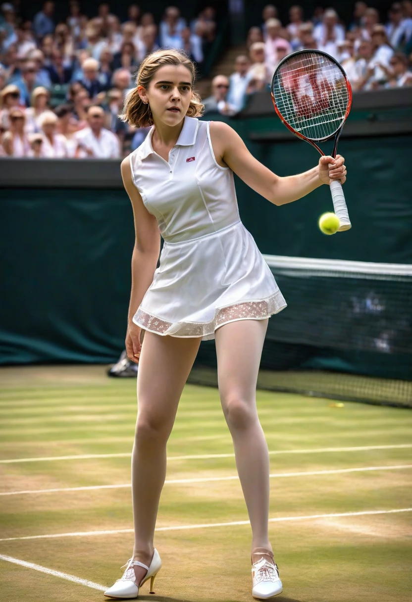 1girl, Kiernan Shipka, full body, white tennis dress, (sheer shiny shimmering silky tan pantyhose:1.7), (5inch white high heeled pumps:1.7), holding tennis racket, playing tennis on a tennis court at Wimbledon, red lipstick, long dangling earrings, extremely short brunette hair with pigtails, glamour photo shoot, wide angle lens, 9:16 aspect ratio, (best quality,4k,8k,highres,masterpiece:1.2),ultra-detailed,(realistic,photorealistic,photo-realistic:1.37),HDR,studio lighting,ultra-fine painting,sharp focus,physically-based rendering,extreme detail description,professional,vivid colors,bokeh