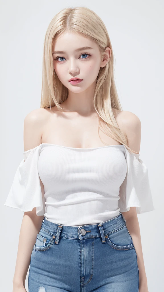 (((Tank top、Off-the-shoulder blouse、mini skirt、White background、Big Breasts)))、forehead、Big Breasts、Northern Europe、Russia、beautiful girl、Platinum Blonde Hair、Straight long hair、Hitting the face and front of the eyes、Big blue eyes、Sheer white and wet nightgown、Northern Europeの若者、Perfect body、White tendons、Glowing Skin、Young and beautiful skin、A perfect and beautiful little face、Bright makeup、Pale pink lips、Bright expression、16-year-old girl、lipstick、Deceptive advertising、Viewer's vision、Golden Hour Lighting、Bokeh Atmosphere Perspective、detailed、Movie Light、複雑なdetailed、High resolution、 フェイスデザインのdetailedな特徴、Attention to detail、Clear focus、Smoothness、aesthetics、Printed、Octane、{{masterpiece}}