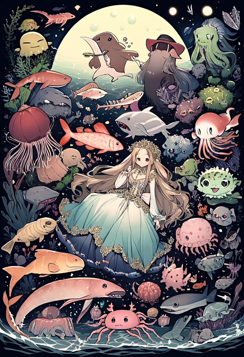 deep sea illuminated by beings that emit bioluminescence: sea monsters Giant squid, Lanternfish, Dragonfish, Goblin shark, Viperfish, Deep-sea anglerfish, Dumbo octopus, Hatchetfish, Comb jelly, Sea cucumber, Deep-sea shrimp, Vampire squid Sea urchin, Yeti crab, Chimaera