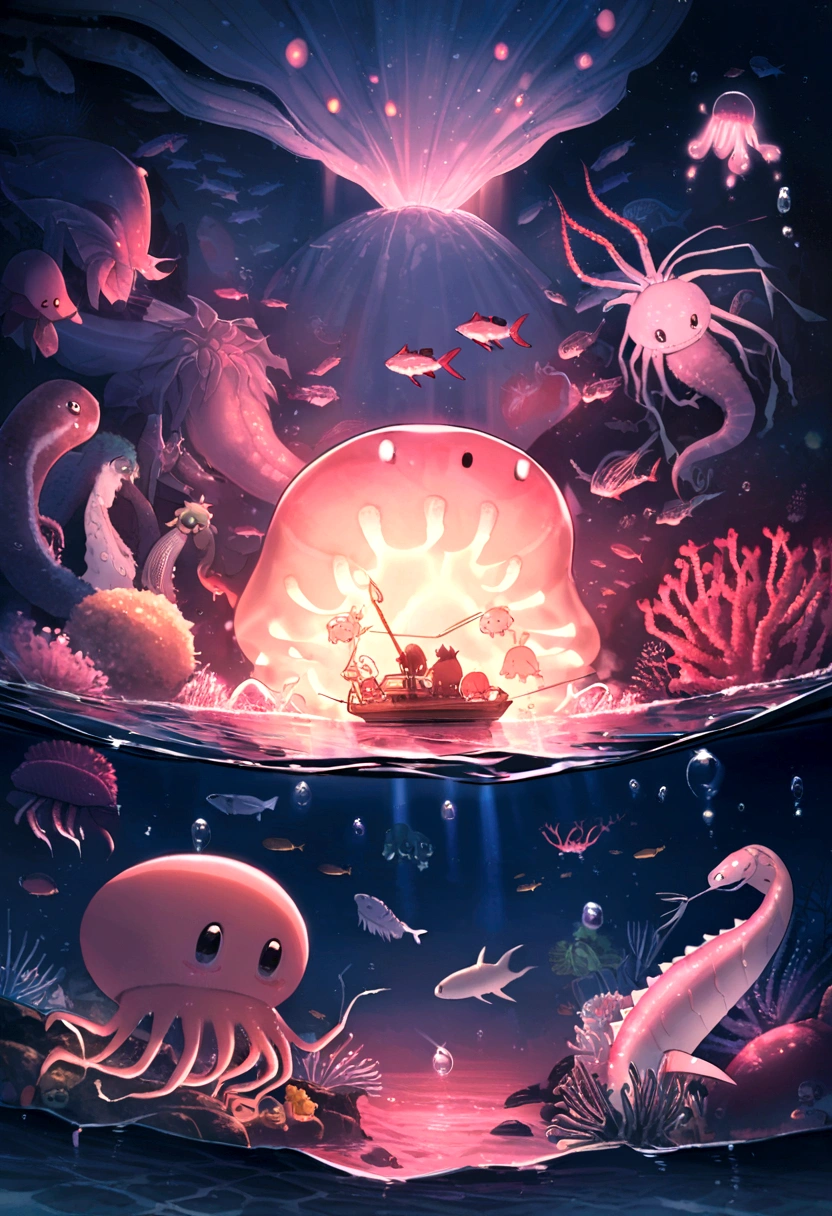 deep sea illuminated by beings that emit bioluminescence: sea monsters Giant squid, Lanternfish, Dragonfish, Goblin shark, Viperfish, Deep-sea anglerfish, Dumbo octopus, Hatchetfish, Comb jelly, Sea cucumber, Deep-sea shrimp, Vampire squid Sea urchin, Yeti crab, Chimaera