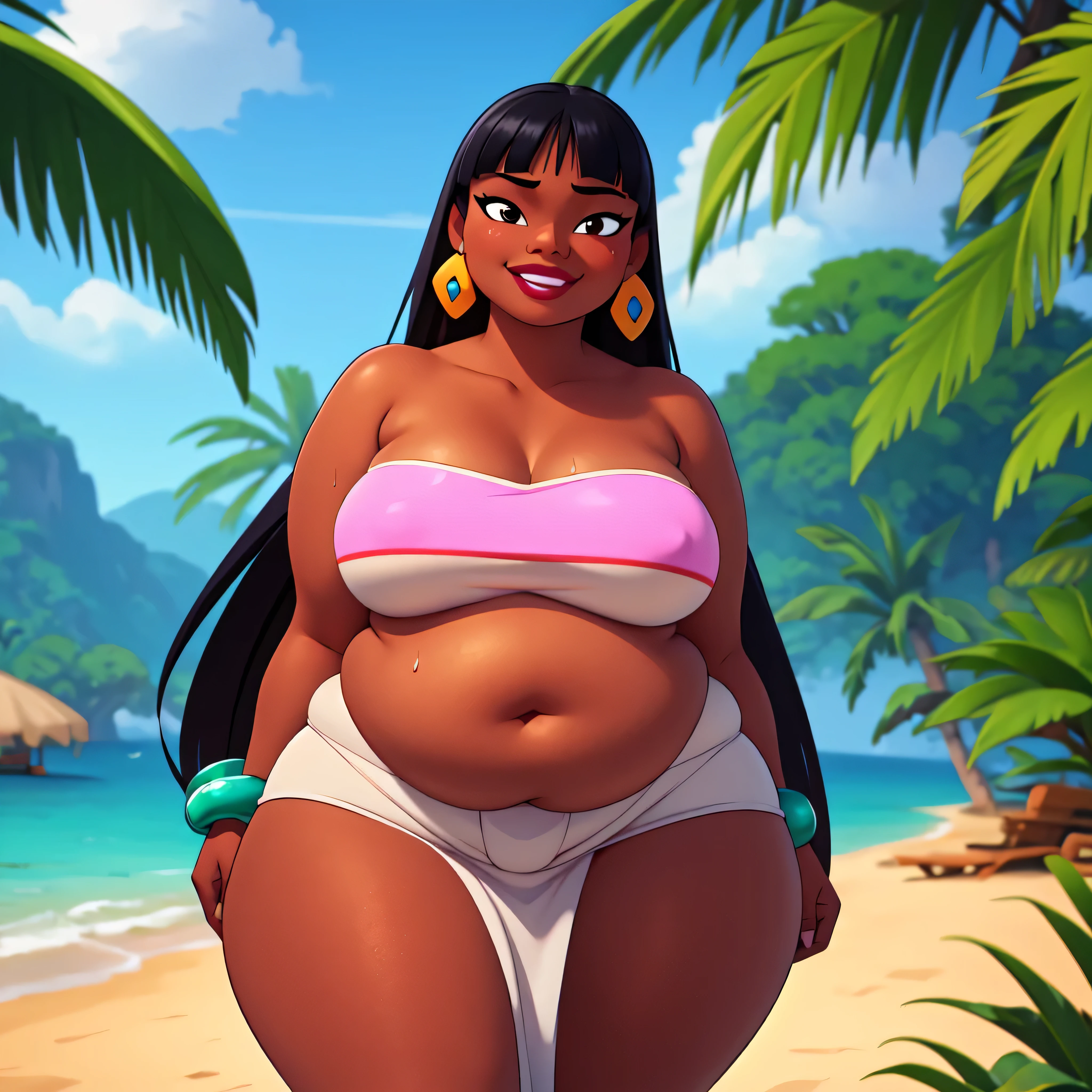 (work of art:1.2, best qualityer:1.2), SSBBW, Giant breasts, thunder thighs, soft ambient lighting, perfect lighting, 1 girl, standing alone, Chel, Bblack hair, long hair, rhombus stripe, eyes browns, darkskin, lipstick, breasts big, Broad Hips, top of the tube, neckleace, bared shoulders, emerald earrings, emerald bracelets, looking at the camera with a smug expression on his face, beach background, very large body, fat belly rolls, big breasts, sexy smile, fat arms, thunder thighs, super fat, looking at viewer, wet clothes, sweating very hard, sexy looking, blob