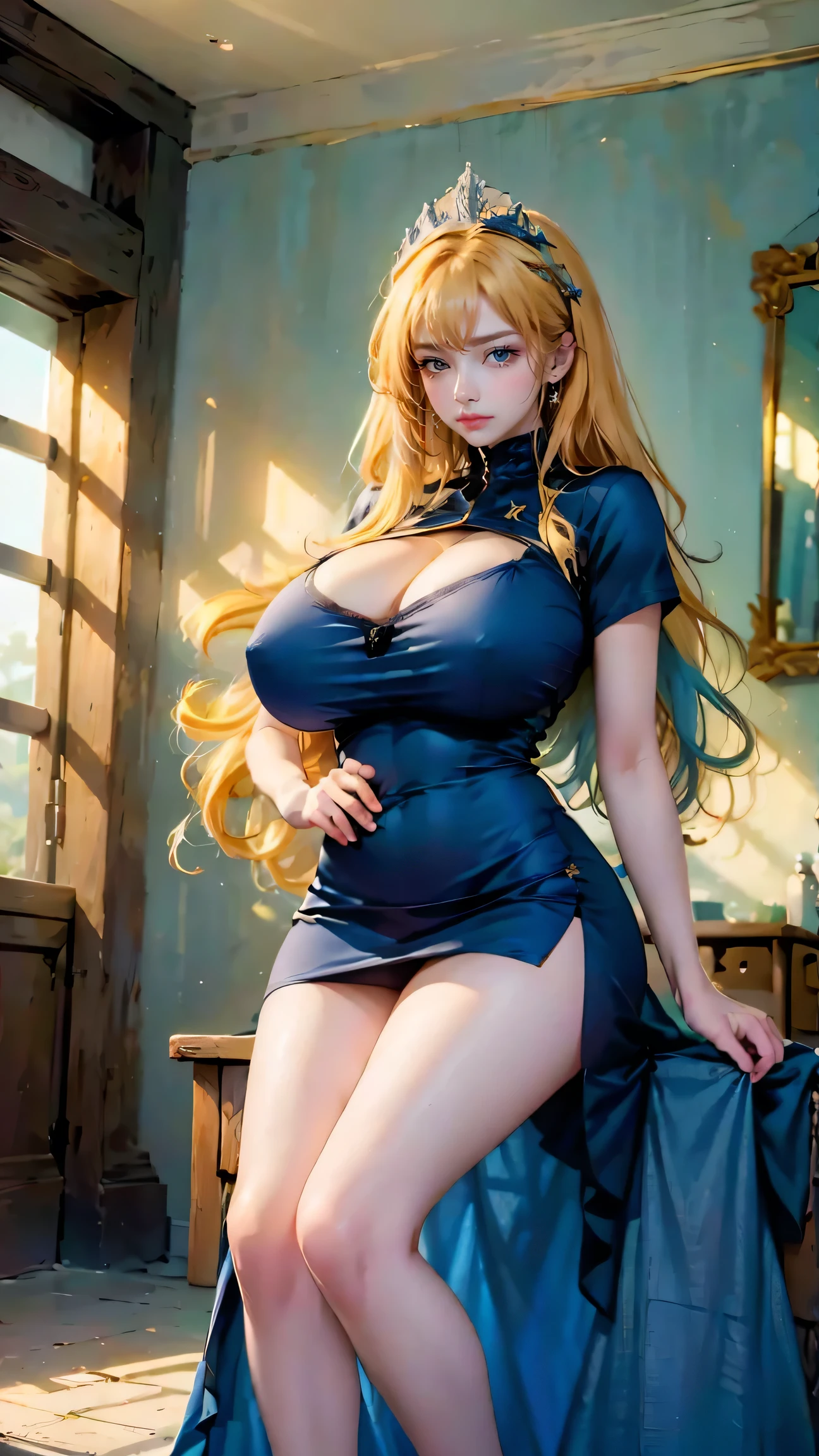 Best quality, masterpiece, ultra high res, raw photo, beautiful and aesthetic,deep shadow, dark theme,(ultra detailed:1.3),
1girl, sitting pose, Headdress, (beautiful face, detailed eye:1.2), embarrassed, (busty breasts, gigantic breasts:1.1), drill hair, long hair, blonde hair, gradient hair, yellow eyes, solo, big hair, blue hair, divine goddess, looking at viewer, indoors, royal palace, medieval bedroom, astraea, full body, tennis dress, uniform, see through
