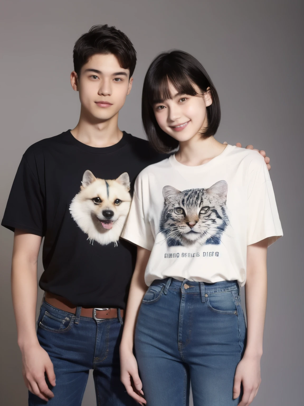 250 (An 18-year-old female and an 18-year-old male), (short hair),kind, lipstick, (jeans), (Animal charactersTshirt), smile