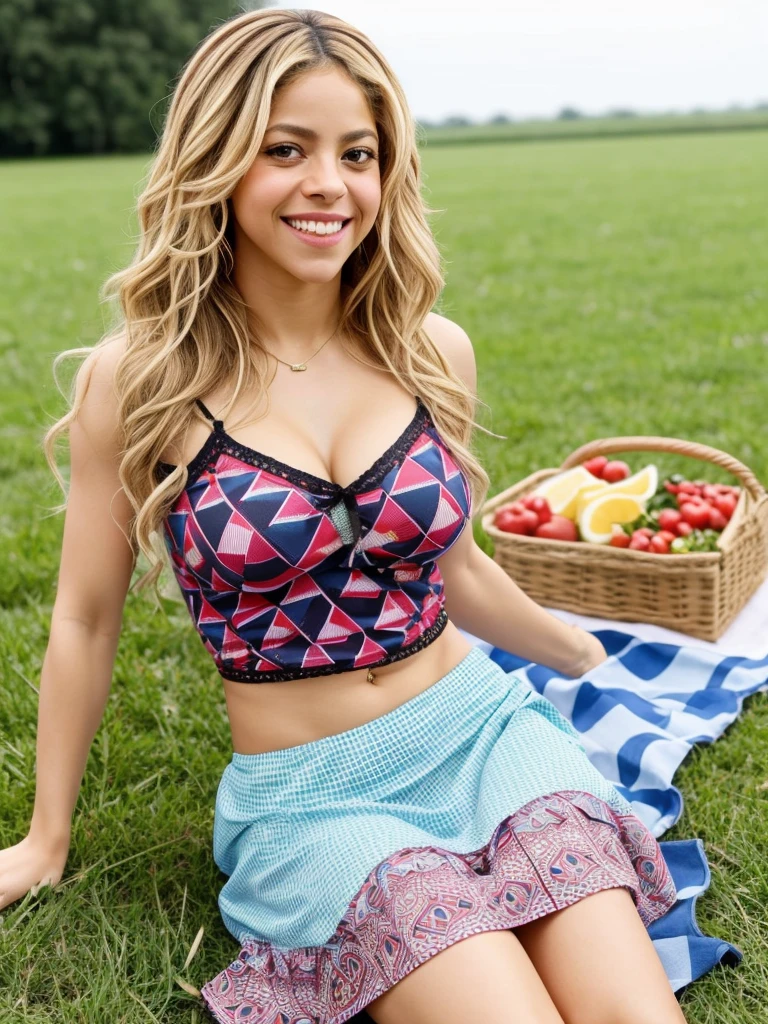 Shakira is beautiful, smiling happily, wearing a patterned triangle camisole, short skirt, picnic, grassland