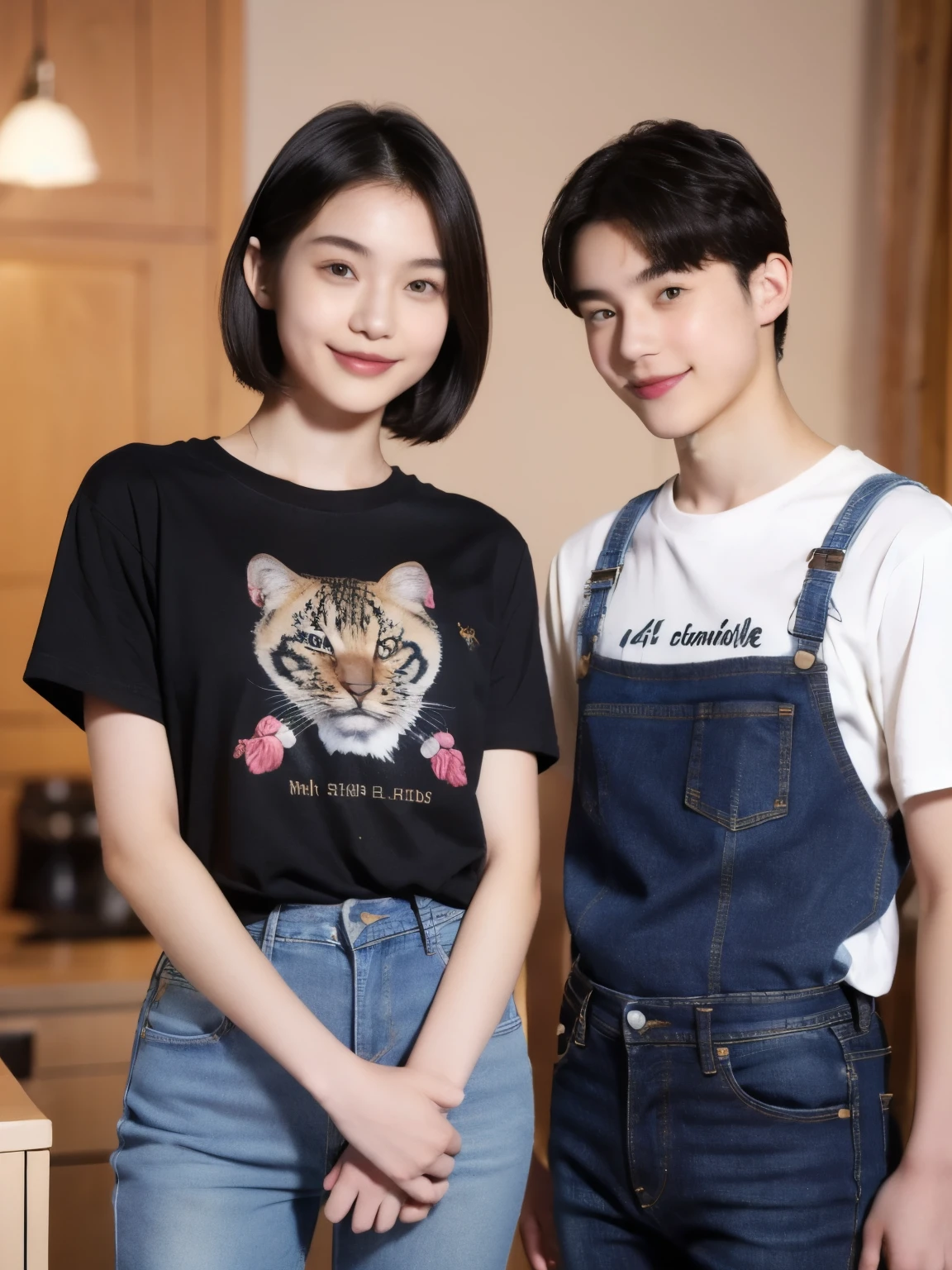 250 (An 18-year-old female and an 18-year-old male), (short hair),kind, lipstick, (jeans), (Animal charactersTshirt), smile