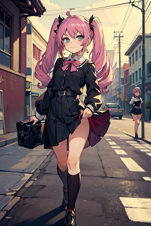 4 Girls with pink hair, long twintail hairstyle, small bushy eyebrows, wearing gothic ta clothing, loli(Zankuro) drawing style by zankuro artist, Zancrow style, image uploaded to R34, walking to school, flirty smile, , lifting her skirt to show her vagina wet with semen