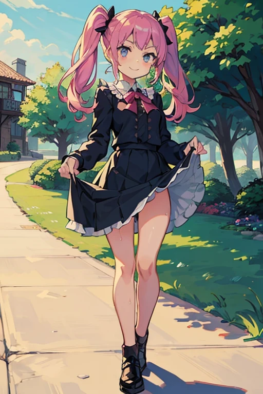 4 Girls with pink hair, long twintail hairstyle, small bushy eyebrows, wearing gothic lolita clothing, lolicon (Zankuro) drawing style by zankuro artist, Zancrow style, image uploaded to R34, walking to school, flirty smile, , lifting her skirt to show her vagina wet with semen