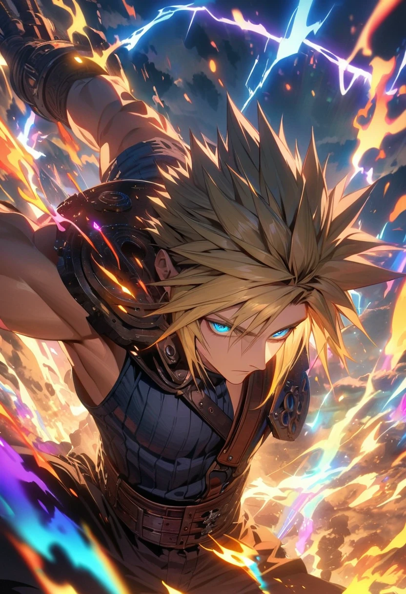 Symetrical,absurdres, highres, ultra detailed, HDR, masterpiece, extremely detailed face and eyes, Cloud Strife,final fantasy 7, yellow hair , , solo, man, handsome, ,, , Epic fight scene, colorful lightning effect, glowing glitters, colorful splashing effect, colorful flames,
