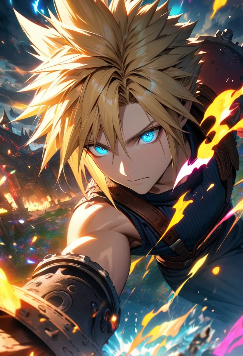 Symetrical,absurdres, highres, ultra detailed, HDR, masterpiece, extremely detailed face and eyes, Cloud Strife,final fantasy 7, yellow hair , , solo, man, handsome, ,, , Epic fight scene, colorful lightning effect, glowing glitters, colorful splashing effect, colorful flames, 