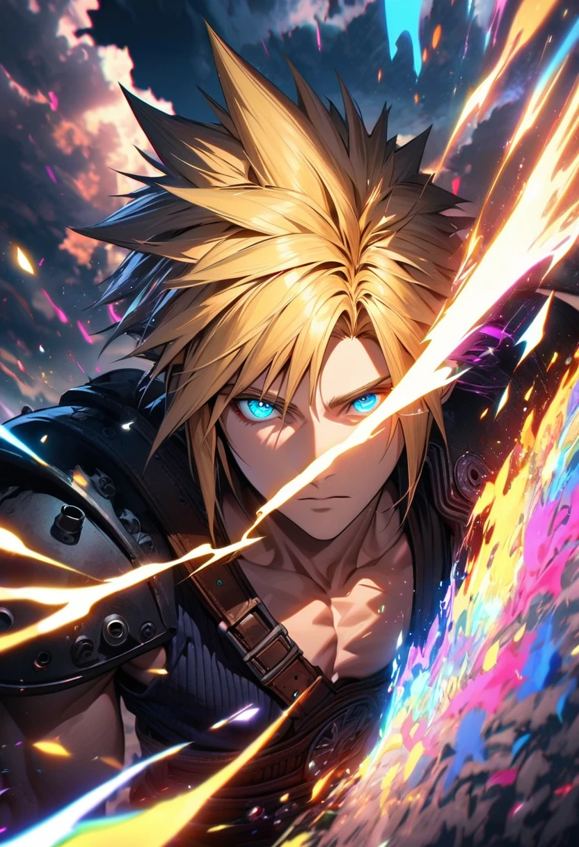 Symetrical,absurdres, highres, ultra detailed, HDR, masterpiece, extremely detailed face and eyes, Cloud Strife,final fantasy 7, yellow hair , , solo, man, handsome, ,, , Epic fight scene, colorful lightning effect, glowing glitters, colorful splashing effect, colorful flames,