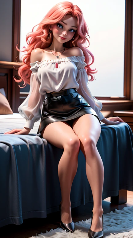 (Best Quality, 8k, 32k, Masterpiece, UHD:1.2),Photo of pretty European woman,medium length hair, wavy fur,by the light red, blue eyes, detailed eyes, smiling eyes,smile charmingly,very big breasts, stop sensually, Whole body focus, pink blouse,translucent blouse,blouse with very large lowered neckline,sleeveless blouse,Off shoulder blouse,_ Pearl Necklace, simple background, looking at the viewer,semi-transparent blouse,embroidered blouse,blusa de it,very short miniskirt, shows panties,very narrow waist,high heels shoes,black shoes,leather wallet,