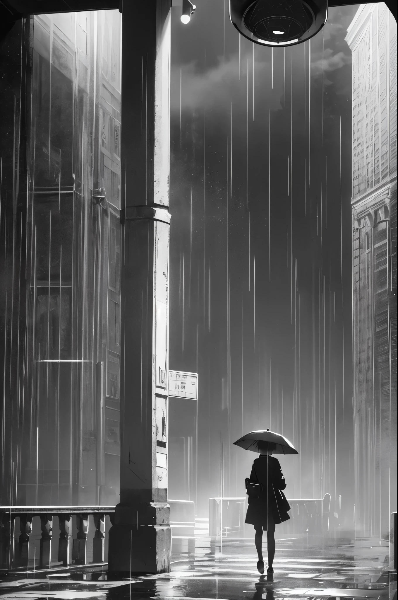 ((20-year-old woman,Blonde short bob hair,She is walking through an huge park in the Uneasy atmosphere world)),there is nobody in the park,((the sky in the clouds,inside the monochrome world,the atmosphere in the rain)),There are faceless monsters in the park,Uneasy atmosphere.