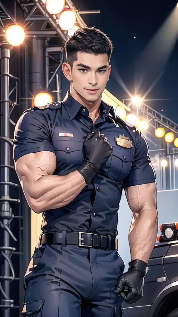handsome man sit on the table ,(crew cut short hair:1.2),black eye,smile,open mouth
(navy police uniform:1.2),(shirt short sleeves:1.2),collar,(shirt covered over:1.2),(name tag and Police badge:1.2),(shirt no buttons:1.1),(black_gloves:1.3),
(Navy blue cargo:1.2),Korean guy,korean men,(High gloss details),(chest muscles:1.2),(large arm muscles:1.2),blood vessel,Big muscles,Broad shoulders,looking at the audience,Balancing the eyes,middle of the road,(stage:1.4),