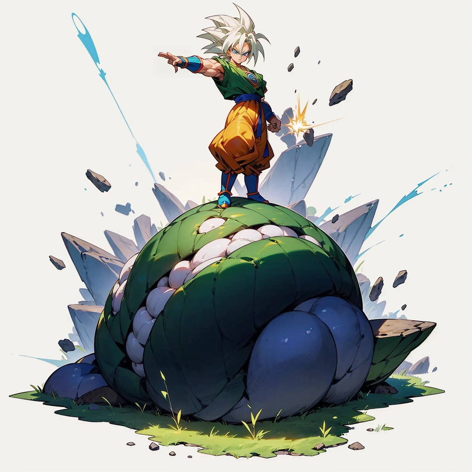 (Random Evolution, broly dragon ball z mixed with Stones), full body version, muscle, (blue eyes), (Grassroots oil), transforms into Broly Super Saiyan, white color hair, blue eyes, Dragon Ball Z 