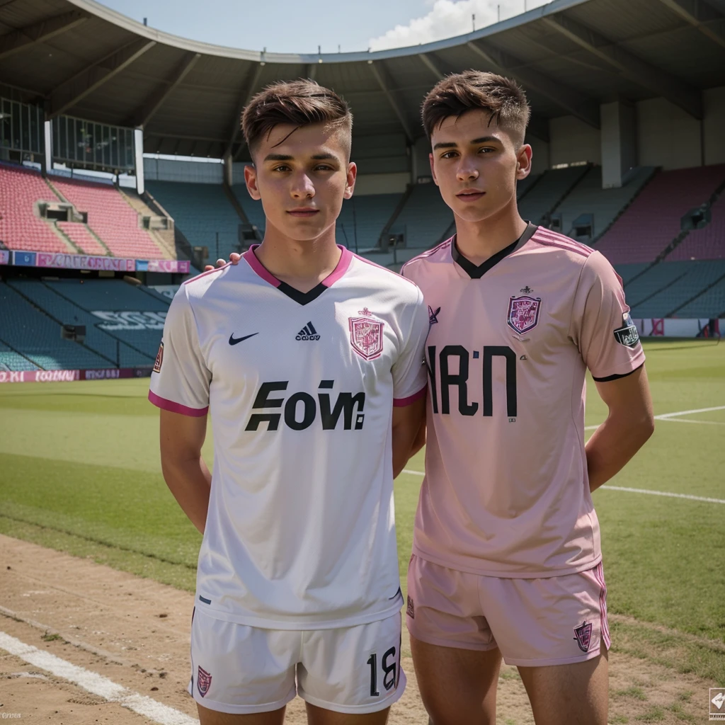 realistic photo of a 20 year old young man with short hair, wearing a pink soccer jersey with the words KURNIA FC in the background of a soccer stadium and supporter