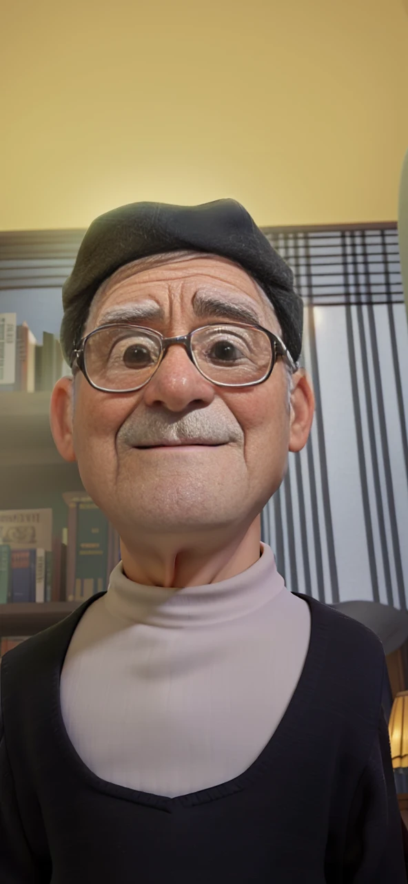 A wise old man standing in front, illuminated by the light of a lamp, against the backdrop of a library